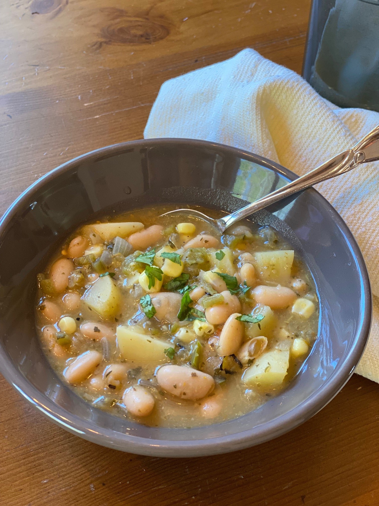 a bowl of vegan white bean chili