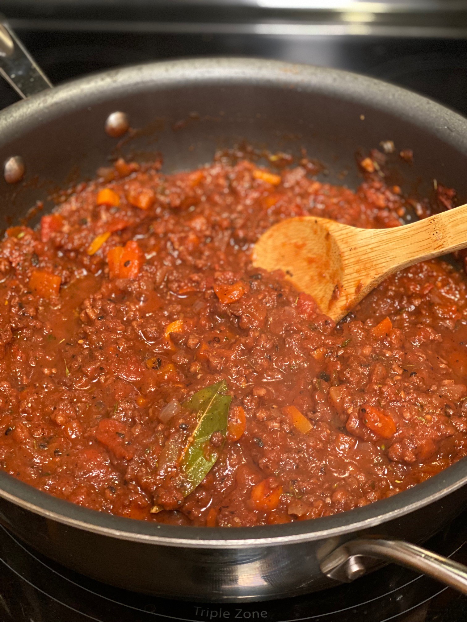 Vegan meat sauce simmering in a pan