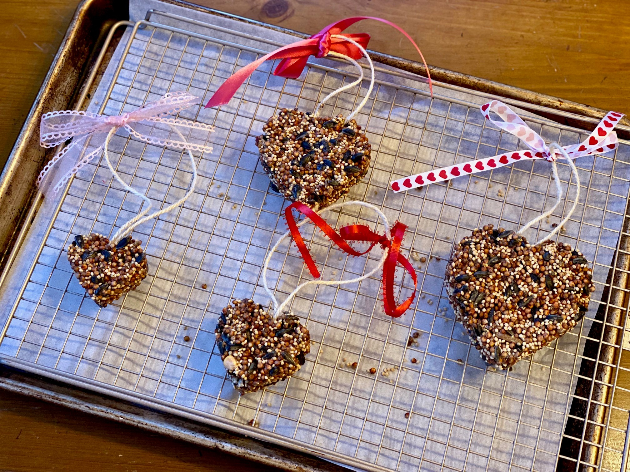 Heart-shaped birdseed ornaments on a tray